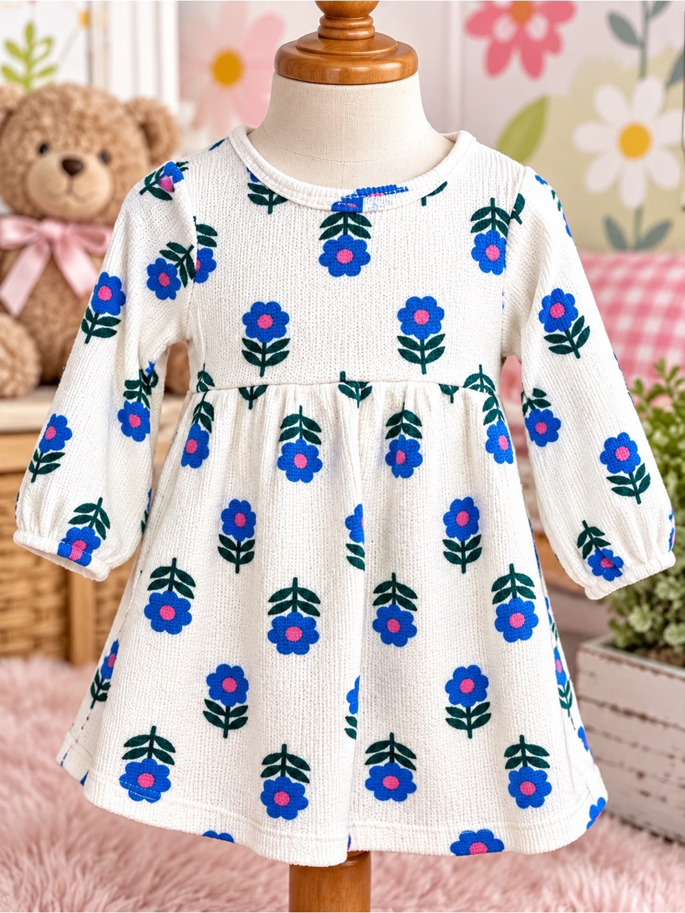 Old Navy Baby Girls Floral Knit Dress 12-18M Blue White Long Sleeve